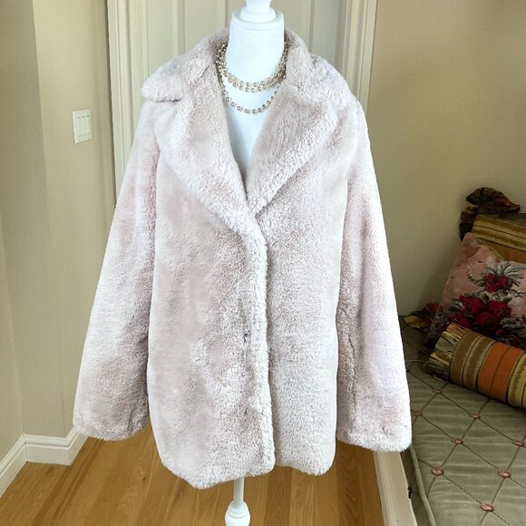 Tahari Jacket Faux Fur Wide Collar Mid Length Single Breasted Cream (L) - Picture 1 of 9